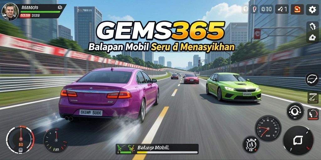 Antarmuka GEMS365 menampilkan balapan mobil yang mendebarkan dan menyenangkan.