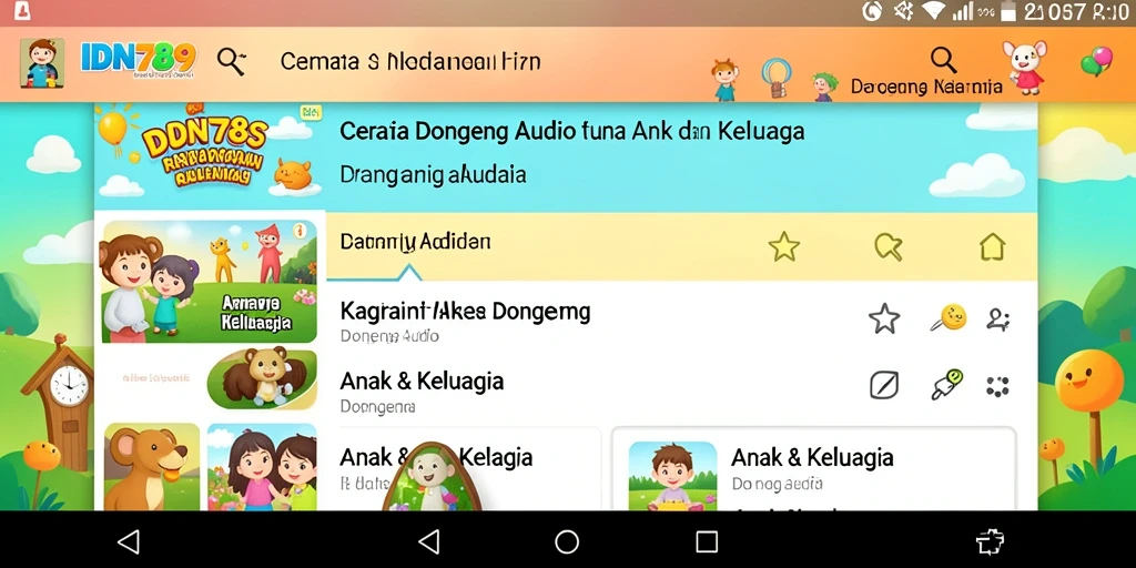 Antarmuka aplikasi IDN789 menampilkan beragam pilihan dongeng audio untuk anak.