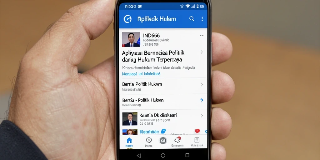 Tampilan antarmuka aplikasi IND666 dengan berita politik hukum terkini.