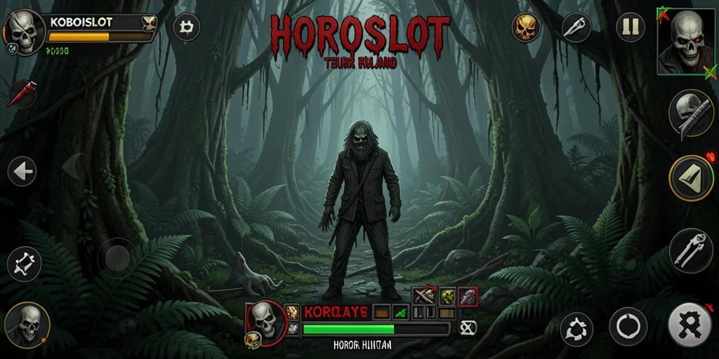 Tampilan utama KOBOISLOT menampilkan hutan menyeramkan yang penuh misteri.