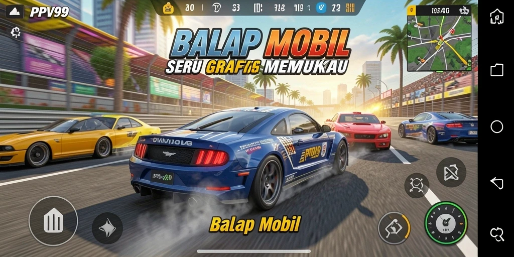 Screenshot utama PPV99 menunjukkan aksi balap yang mendebarkan di lintasan.